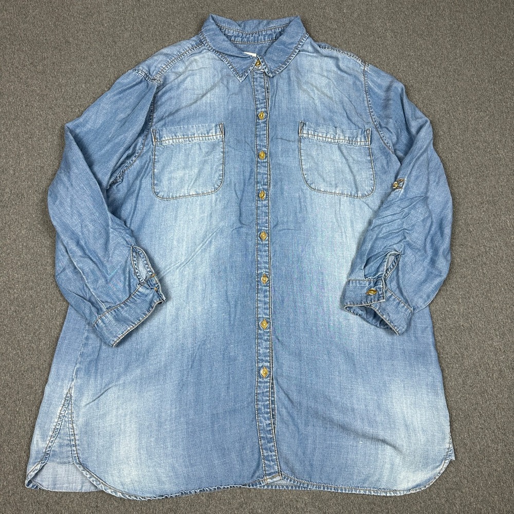Chico's Chambray Lyocell Popover Tunic Shirt Blue Long Sleeve Size 3 Petite XL